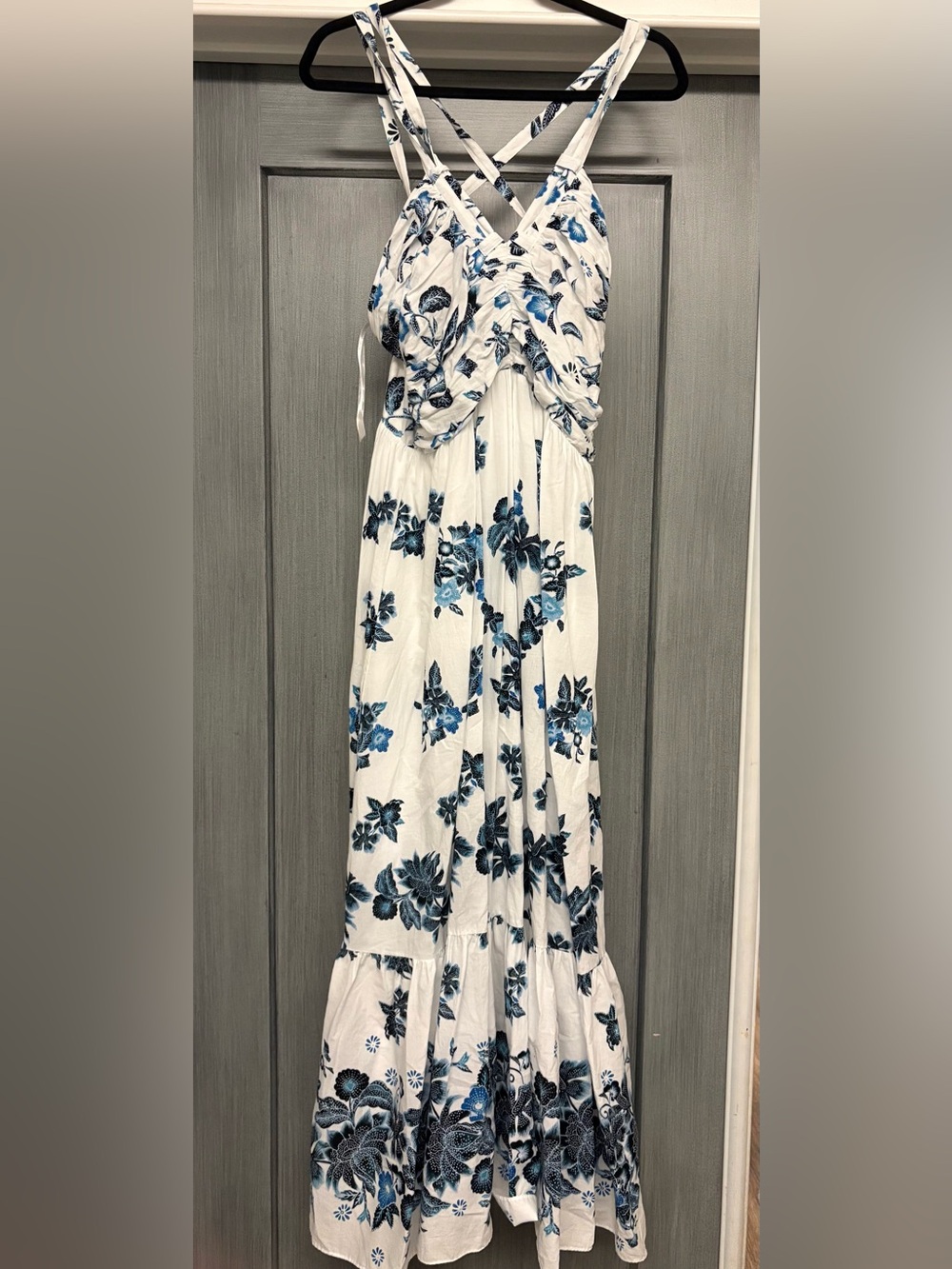 White House Black Market White and Blue Floral Crisscross Maxi Dress